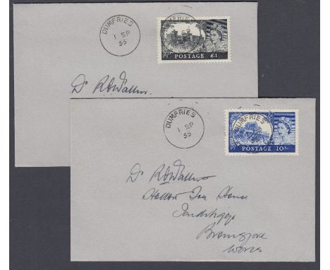 STAMPS FIRST DAY COVERS : 1955 10/- and £1 Castles on pair of hand addressed plain covers, 1st September 1955 