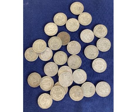 COINS : GVI Pre 1947 Silver 2/- pieces mixed dates and condition (30) 335g