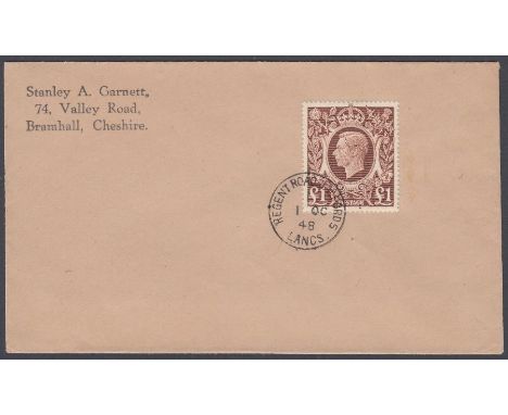 STAMPS FIRST DAY COVERS : 1948 £1 Brown, superb plain FDC, Regent Road Salford CDS 1st Oct 1948