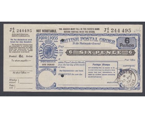 1935 Silver Jubilee 6d Postal Order used with counterfoil (scarce)