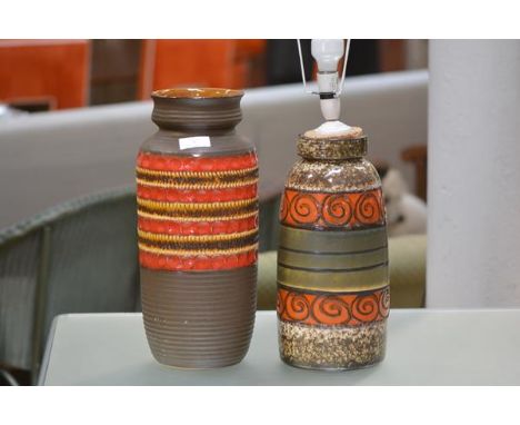 A large 1970's West German pottery vase, glazed in brown and orange; together with a West German lamp of similar date. (2) Fi
