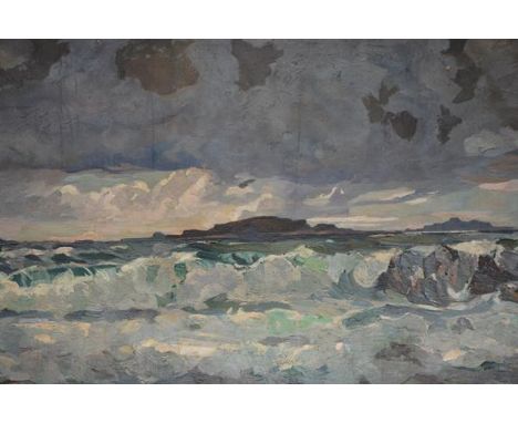 Erskine Beveridge (Scottish, d. 1972), Turbulent Seascape, signed with a monogram, oil on canvas, unsigned. 45cm by 81cm. See