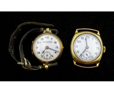 Two early 20th century 9ct gold manual wind wristwatches, both hallmarked, one on a leather strap 