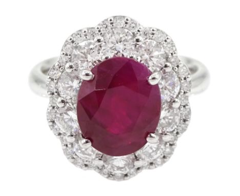 18ct white gold oval ruby and diamond cluster ring, stamped 750, ruby approx 3.00 carat, total diamond weight approx 1.50 car