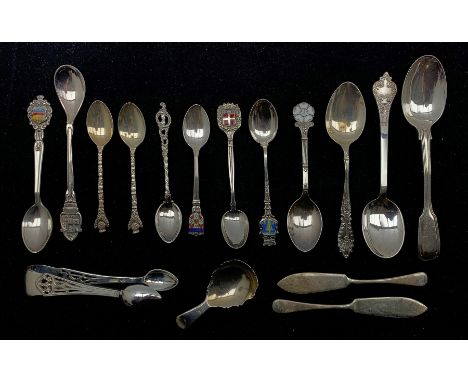George III silver caddy spoon London 1803, pair of silver butter knives, English and continental silver and enamel spoons and