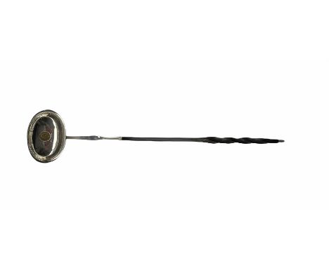 George III punch ladle with twisted whalebone handle, the oval bowl with a monogram and inset with a gold 1/3 guinea 1802