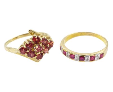 Gold Mozambique garnet ring and a gold ruby and diamond ring, both hallmarked 9ct