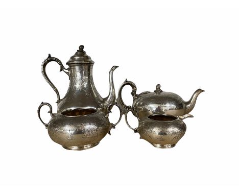 Victorian silver four piece tea and coffee set of compressed circular form with engraved decoration, London 1877, maker Henry