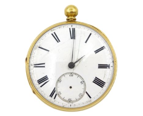 Victorian 18ct gold open face lever pocket watch, No. 56234, white enamel dial with Roman numerals and subsidiary seconds dia