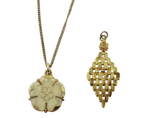 Gold enamel Yorkshire rose pendant necklace and one other pendant, both 9ct hallmarked or tested, approx 10.8gm