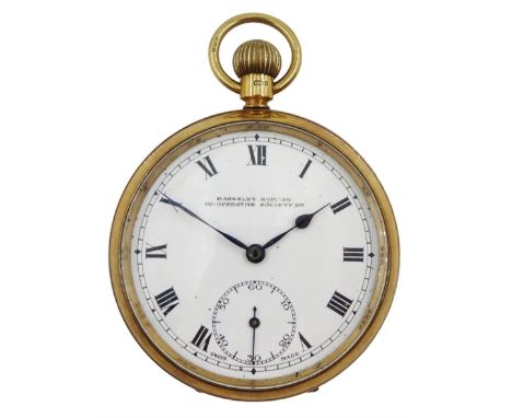 9ct gold open face Swiss lever pocket watch, white enamel dial with Roman numerals and subsidiary seconds dial marked 'Barnse