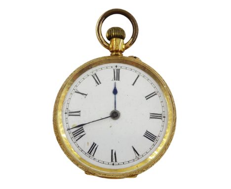 Gold open face keyless cylinder fob watch, white enamel dial with Roman numerals, engine turned and engraved back case with c