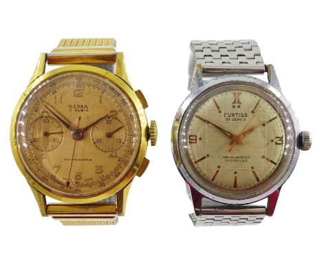 Olma chronograph 17 rubis, antimagnetic manual wind gentleman's gilt and stainless steel wristwatch, back case No. 13432, on 