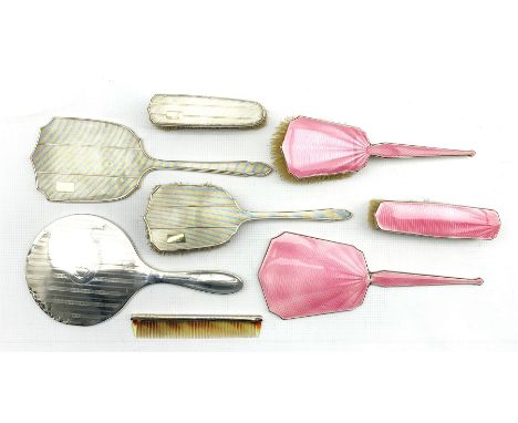 Silver and pink enamel  dressing table set Birmingham 1932 Maker Barker Bros., engine turned silver backed three piece dressi
