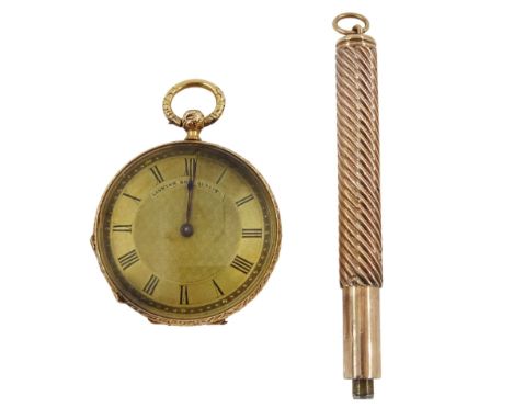 Gold open face ladies key wound cylinder fob watch, gilt dial with Roman numerals, engine turned and engraved back case with 
