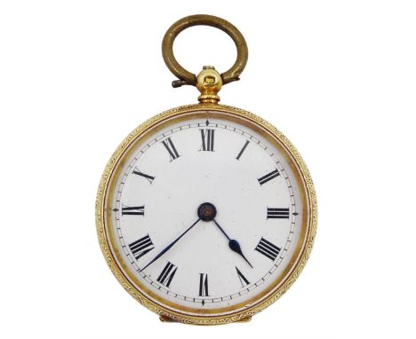 Swiss 18ct gold open face ladies key wound cylinder fob watch, white enamel dial with Roman numerals, engine turned and engra