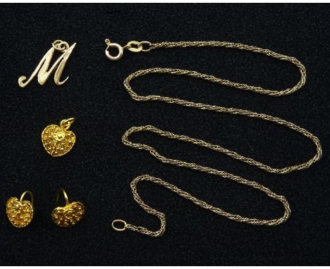 Pair of 16ct gold heart shaped earrings and matching pendant, gold 'M' pendant and necklace, both 9ct, all tested or hallmark