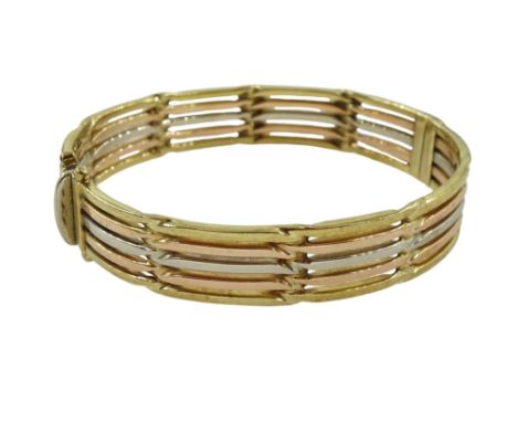 9ct yellow, rose and white gold five bar hinged bangle, hallmarked, approx 24.9gm