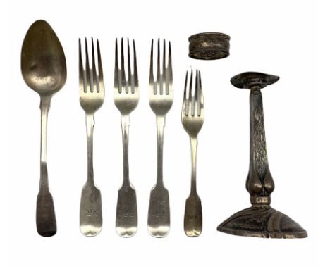Three Victorian silver fiddle pattern table forks London 1866, dessert fork 1863, George III silver table spoon, Art Nouveau 