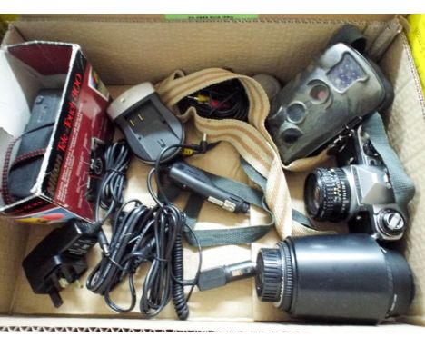 Two boxes of camera, camera accessories, flashes and lenses etc  