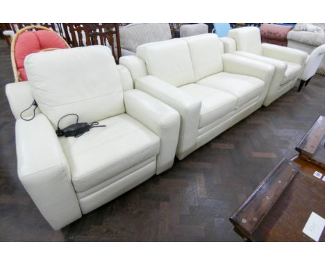 Two seater sofa three piece suite - in cream leather, one chair is an electric recliner