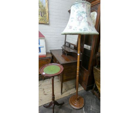 Reproduction mahogany plant pedestal and a standard lamp & shade