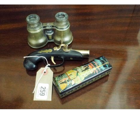 A novelty pistol shaped lighter, Russian lacquer box and a pair of French opera glasses 