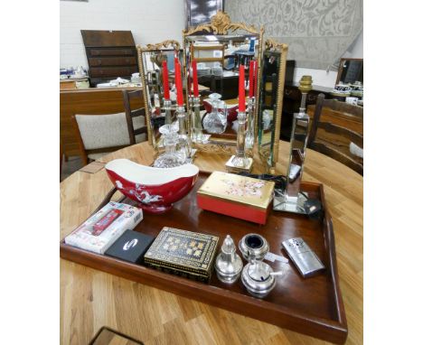 Triple dressing table mirror and a tray full of items - decanter, table lamp, lacquer box etc and a Crown Devon horse decorat