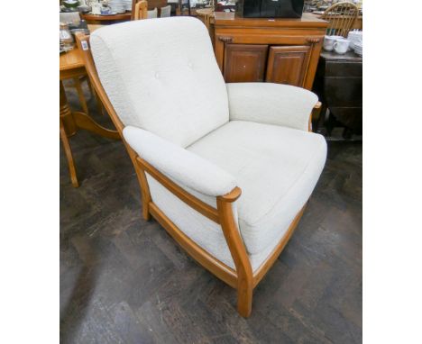 Ercol light oak framed swivel high backed easy chair in cream material - matching previous lot