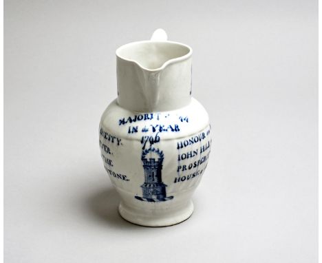 SHREWSBURY GENERAL ELECTION A rare blue and white 'John Hill' election jug, Caughley or early John Rose Coalport, dated 1796,