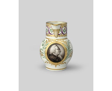 1788 VISIT TO WORCESTER BY GEORGE III A good Flight Worcester jug, c.1788-90, painted by John Pennington with an en grisaille