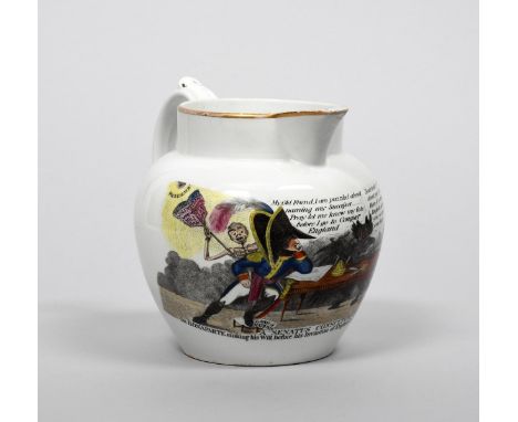 1803 GREAT INVASION SCARE A large Spode porcelain jug, c.1803, printed in black and well coloured with a scene of Napoleon se