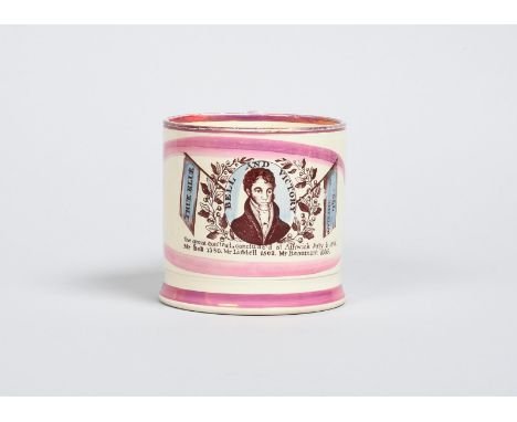 1826 GENERAL ELECTION IN ALNWICK A large pink lustre porter mug, c.1826, printed in brown and highlighted in blue enamel with