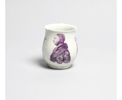 GEORGE III A very rare small Worcester mug, c.1761, the baluster body printed in purple with a half-length profile portrait o