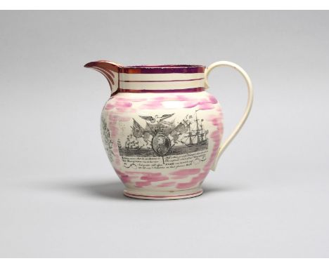 NELSON IN MEMORIAM A Sunderland pink lustre jug, c.1813-25, printed in black with an inscribed oval portrait flanked by flags