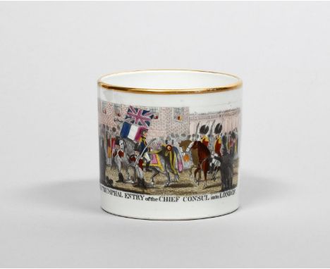 1803 GREAT INVASION SCARE A Spode porcelain porter mug, c.1803, the squat form printed in black and well coloured with a proc