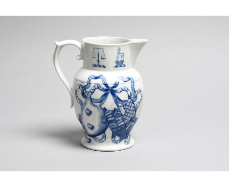 SHREWSBURY GENERAL ELECTION A blue and white spiral-fluted jug, c.1796-1806, Caughley or early John Rose Coalport, printed  w