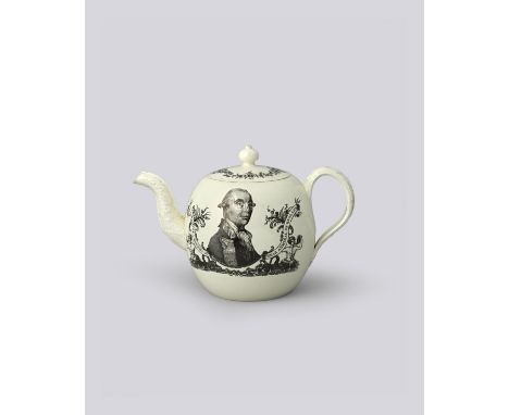 ADMIRAL RODNEY A good Wedgwood creamware teapot and cover, c.1780, the globular body printed in black by Sadler and Green of 