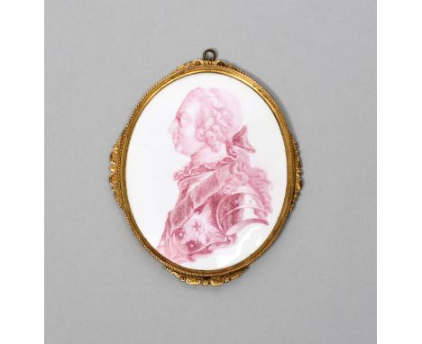 FREDERICK PRINCE OF WALES A good Battersea enamel oval portrait plaque, c.1755, engraved by Ravenet and printed in puce with 