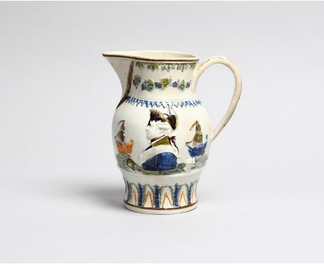 ADMIRAL DUNCAN A Pratt ware jug, c.1797, moulded to one side with a profile portrait titled 'Admiral Duncan' to a sash across