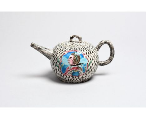 FREDERICK THE GREAT A Staffordshire salt-glazed stoneware teapot and cover, c.1758, the squat globular body painted in colour