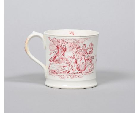 APRIL 1831 REFORM A rare pearlware mug, c.1831, printed in puce to two sides with a figural cartoon titled 'A Thundering Cast