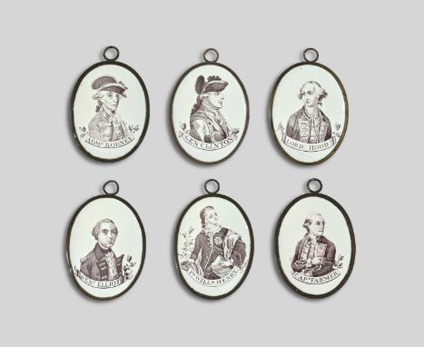HEROES OF THE AMERICAN WARS OF INDEPENDENCE A set of six oval enamel plaques, c.1780, printed in manganese with named portrai