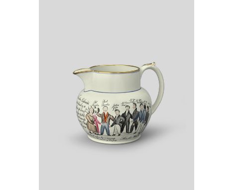 1ST JANUARY 1830: FUGITIVE BRABIN PERJURY TRIAL A fine documentary pearlware jug, dated 1830, painted with the figures of Bet