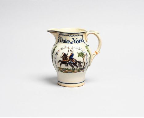 DUKE OF YORK AND PRINCE COBURG A Pratt ware jug, c.1793, moulded to each side with an equestrian portrait, the neck inscribed