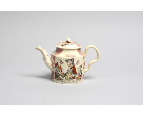 ADMIRAL KEPPEL A William Greatbatch creamware teapot and cover, c.1780, the cylindrical body printed in black and decorated i