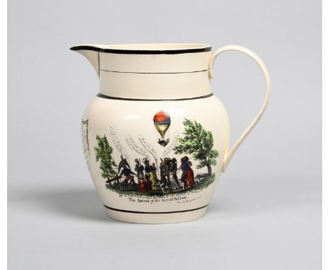 NAPOLEON, BALLOONING AND THE IRON BRIDGE A Sunderland creamware jug, dated 1813, printed in black and decorated in colours wi