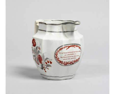 LORDS REDESDALE AND MOIRA AND THE INSOLVENT DEBTORS RELIEF ACT An octagonal pearlware lustre jug, c.1813-17, printed in red w