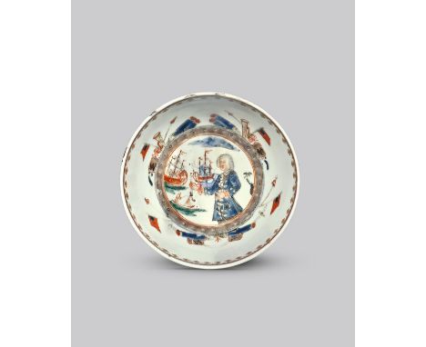 ADMIRAL VERNON AND THE BATTLE OF PORTOBELLO A small European-decorated Chinese porcelain bowl, c.1740, originally decorated w