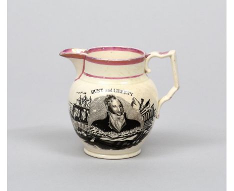 16TH AUGUST 1819: PETERLOO MASSACRE A small Sunderland lustre jug, c.1819, printed in black with a portrait of Henry Hunt, ti